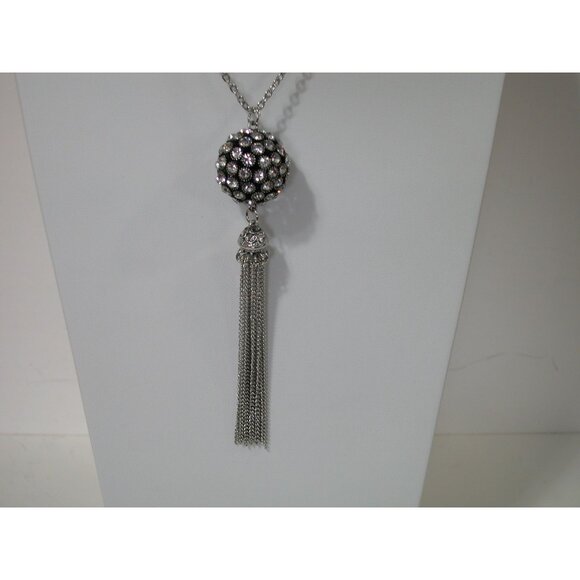 Silver Rhinestone Ball Tassel Necklace & Hoop Earrings Set - Picture 3 of 6